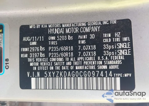 2012 Hyundai Santa Fe Limited V6 z USA, uszkodzony, nr VIN 5XYZKDAG0CG097414